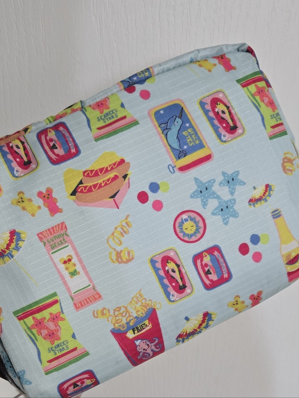 NWT - Lesportsac Light Blue Snack Print Kids Zip Pouch with Black Trim